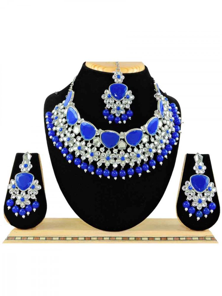 Blue Alloy Festival Wear Diamonds Necklace