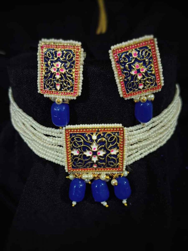 Blue Alloy Festival Wear Kundan Necklace