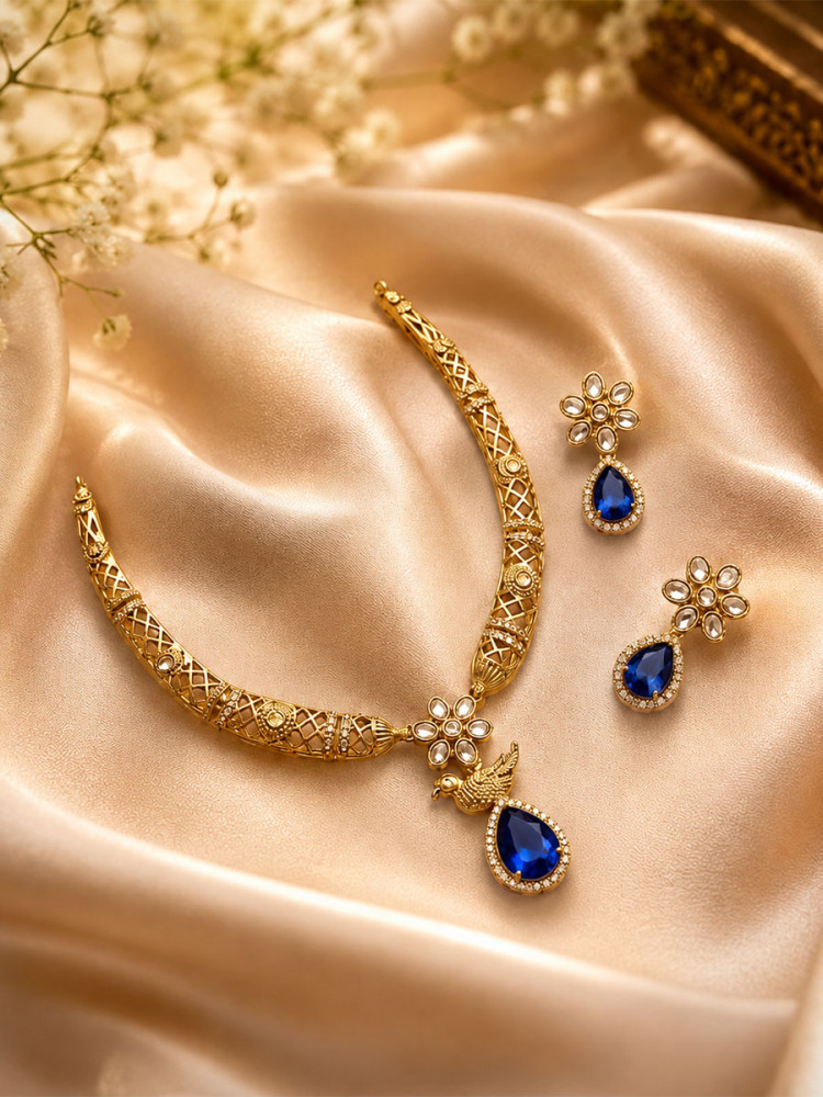 Image of Blue Alloy Gemstone Kundan Diamond Wedding Party Festival Wear Necklace Set With Earrings