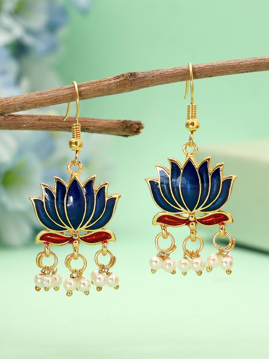 Blue Alloy Meenakari Pearls Festival Party Wedding Lotus Earrings