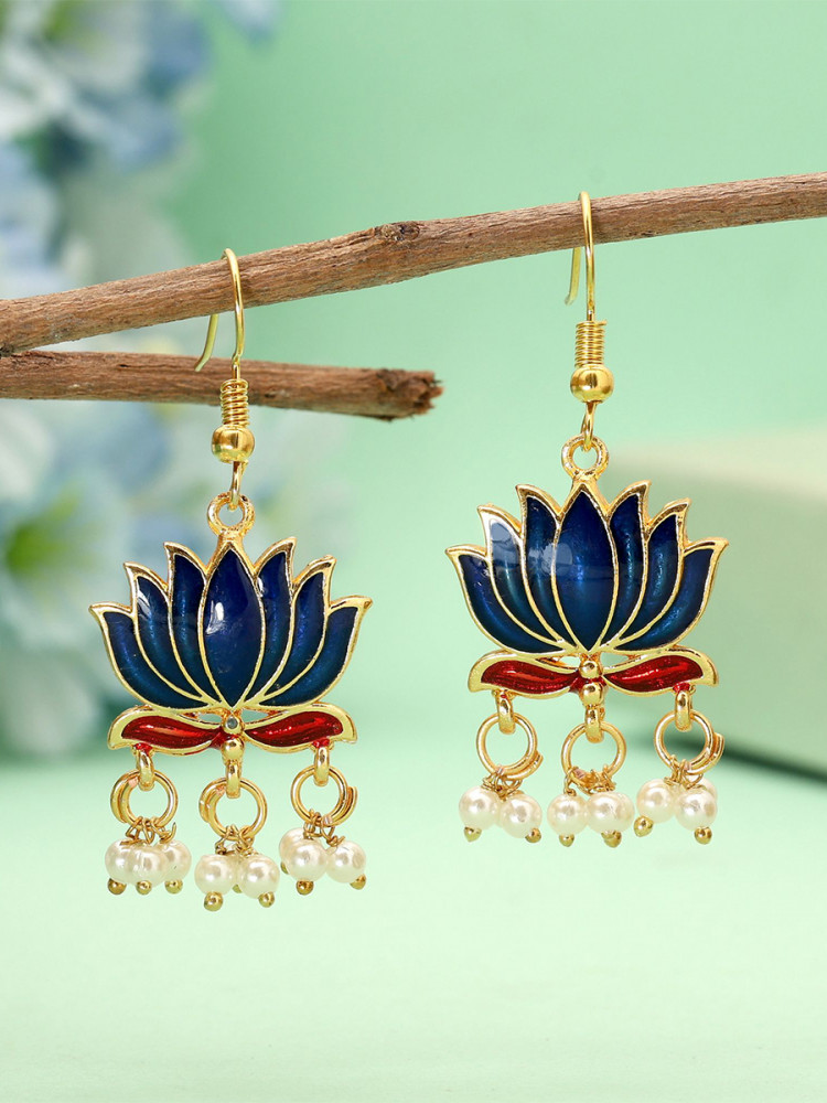 Image of Blue Alloy Meenakari Pearls Festival Party Wedding Lotus Earrings