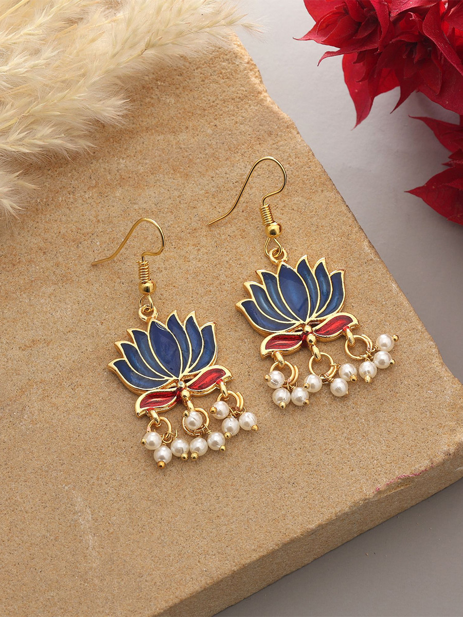Blue Alloy Meenakari Pearls Festival Party Wedding Lotus Earrings