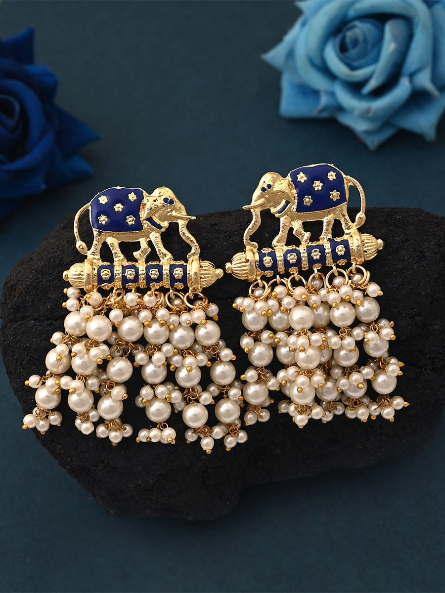 Blue Alloy Meenakari Pearls Traditional Festival Party Wedding 1 Pair Earrings