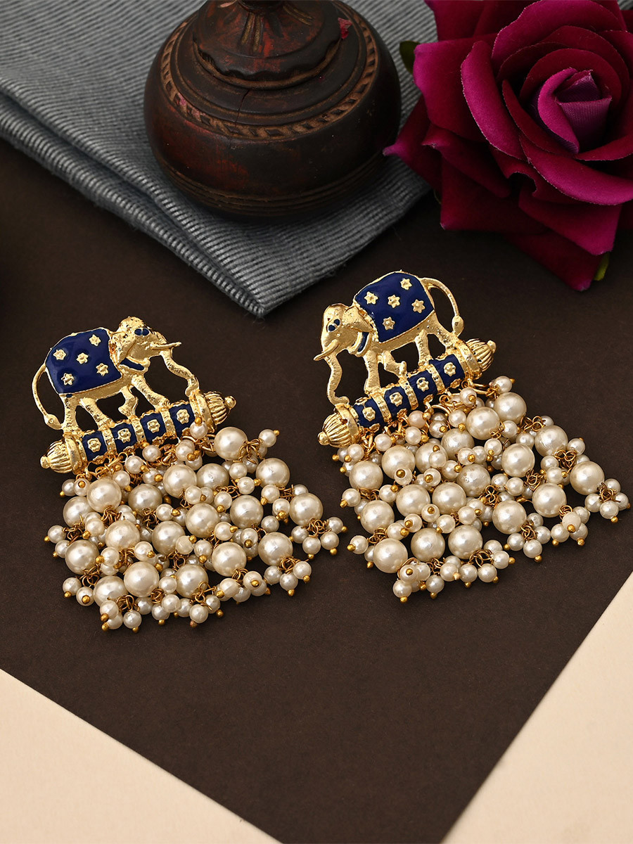 Blue Alloy Meenakari Pearls Traditional Festival Party Wedding 1 Pair Earrings