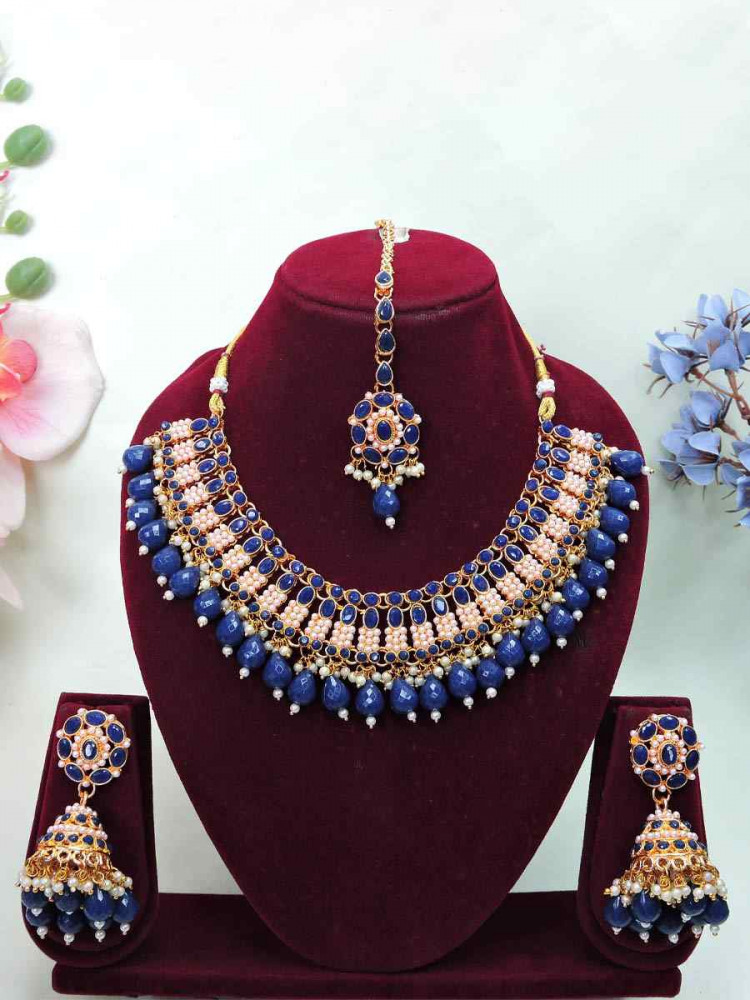 Blue Alloy Metal Festival Wear Kundan Necklace