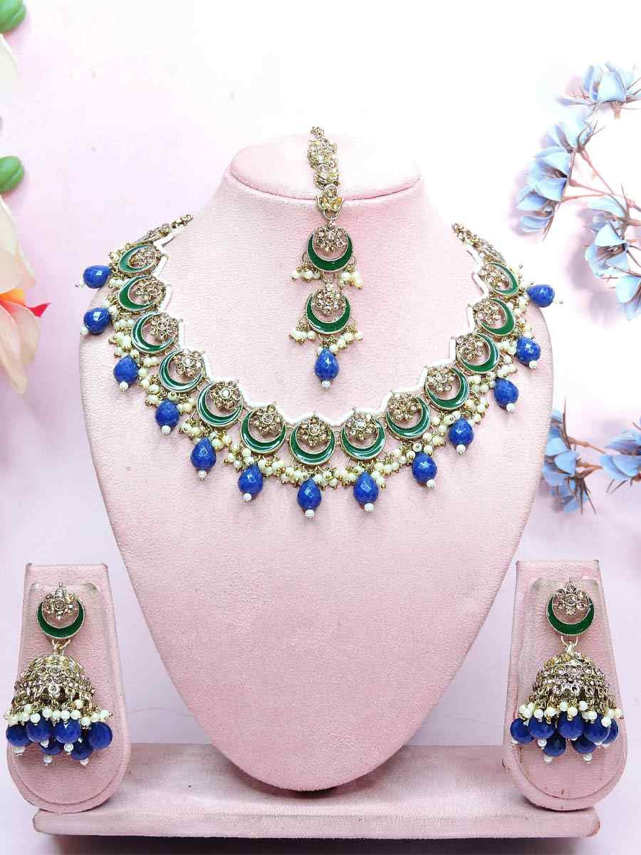 Blue Alloy Metal Festival Wear Kundan Necklace