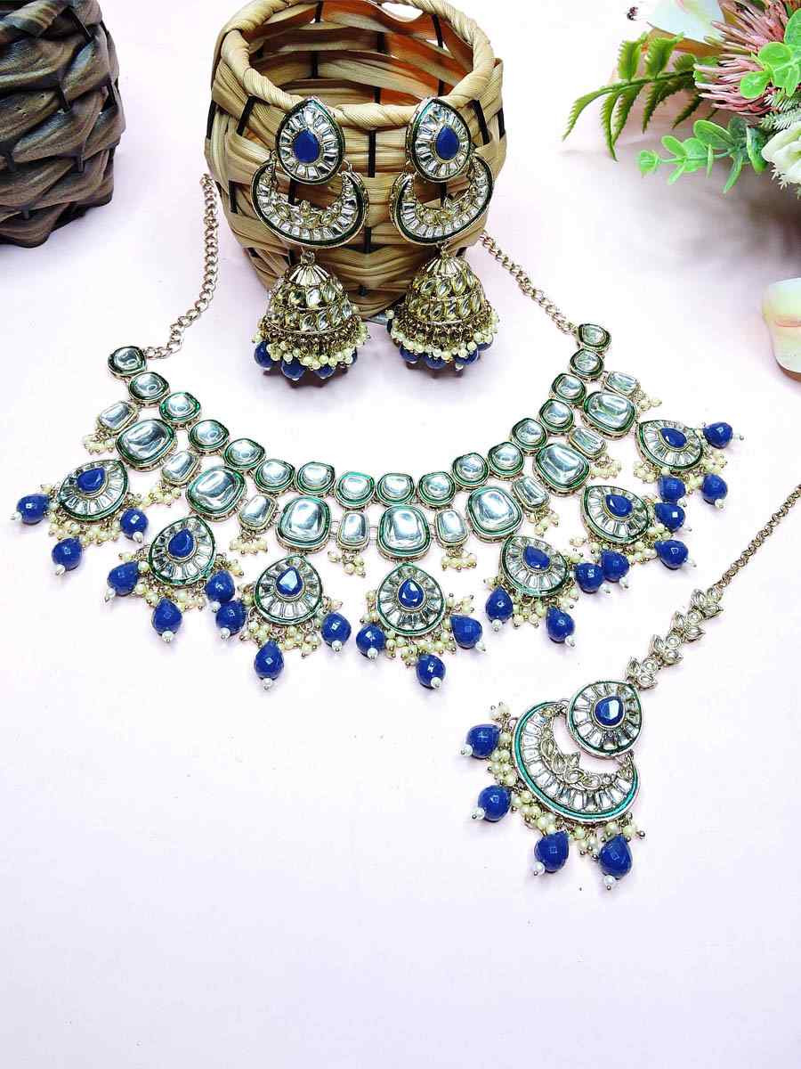 Blue Alloy Metal Festival Wear Kundan Necklace
