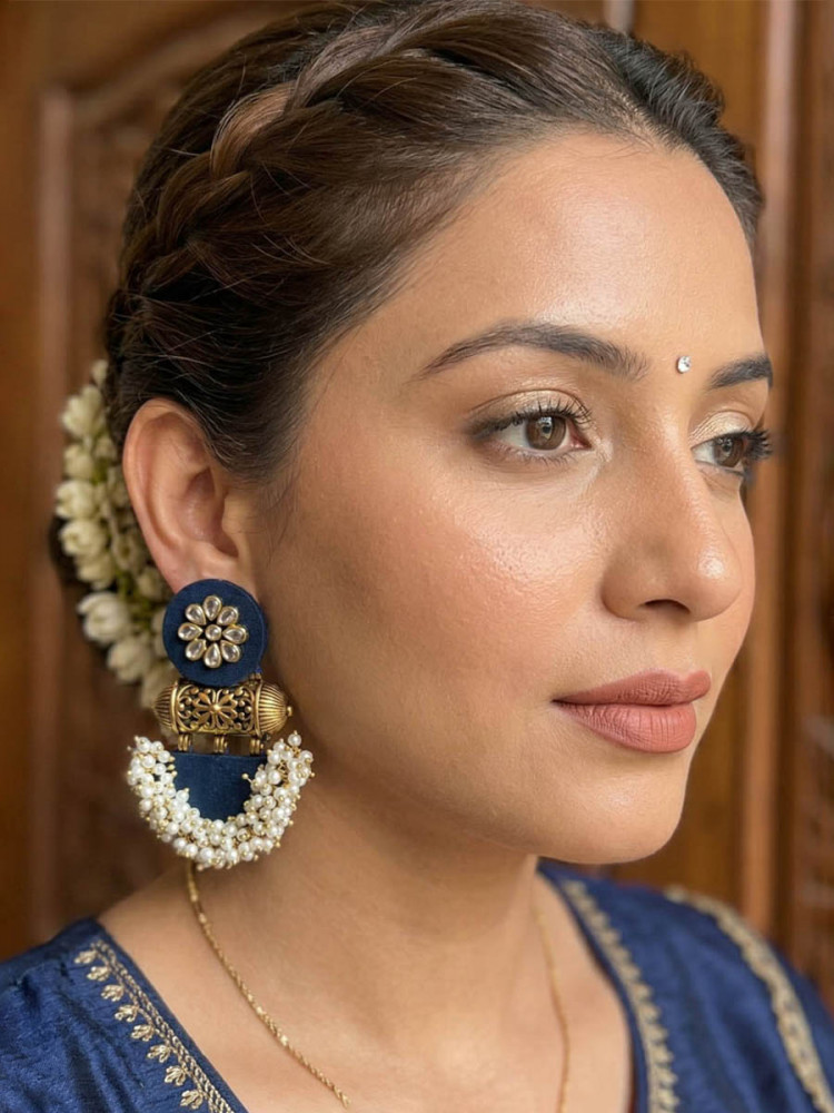 Image of Blue Alloy Wedding Party Festival Wear Pearls Kundan Earrings