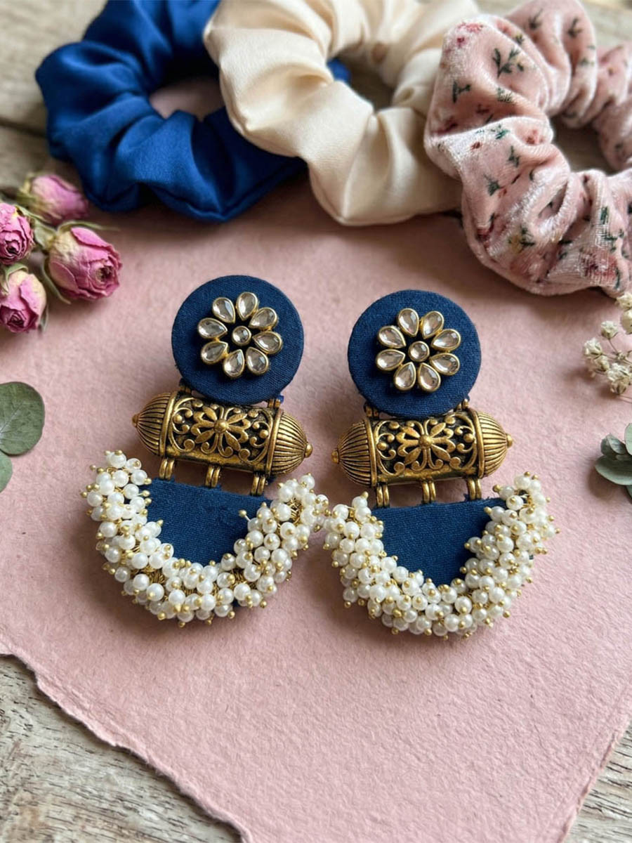 Blue Alloy Wedding Party Festival Wear Pearls Kundan Earrings