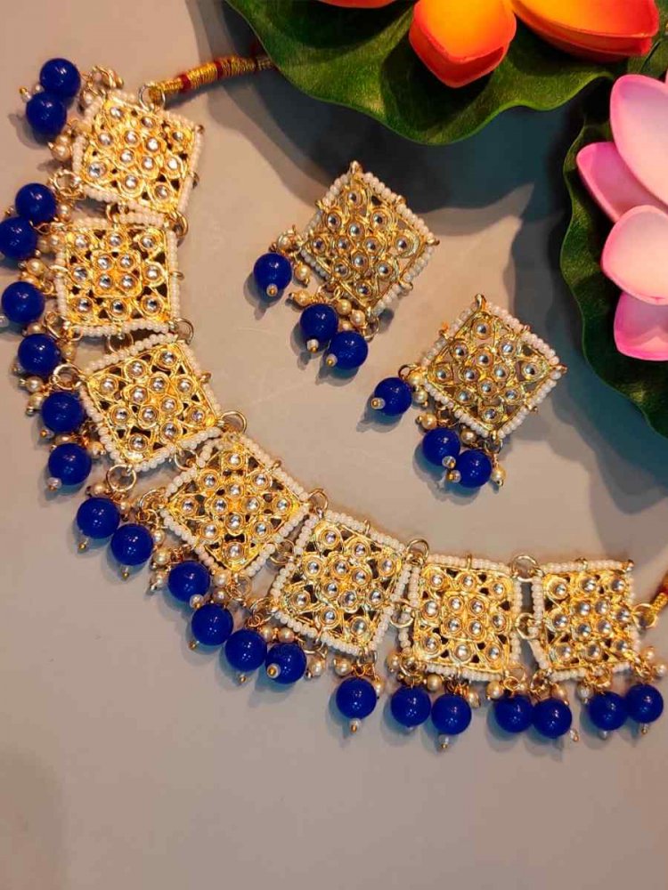 Blue Alloy Wedding Wear Kundan Necklace