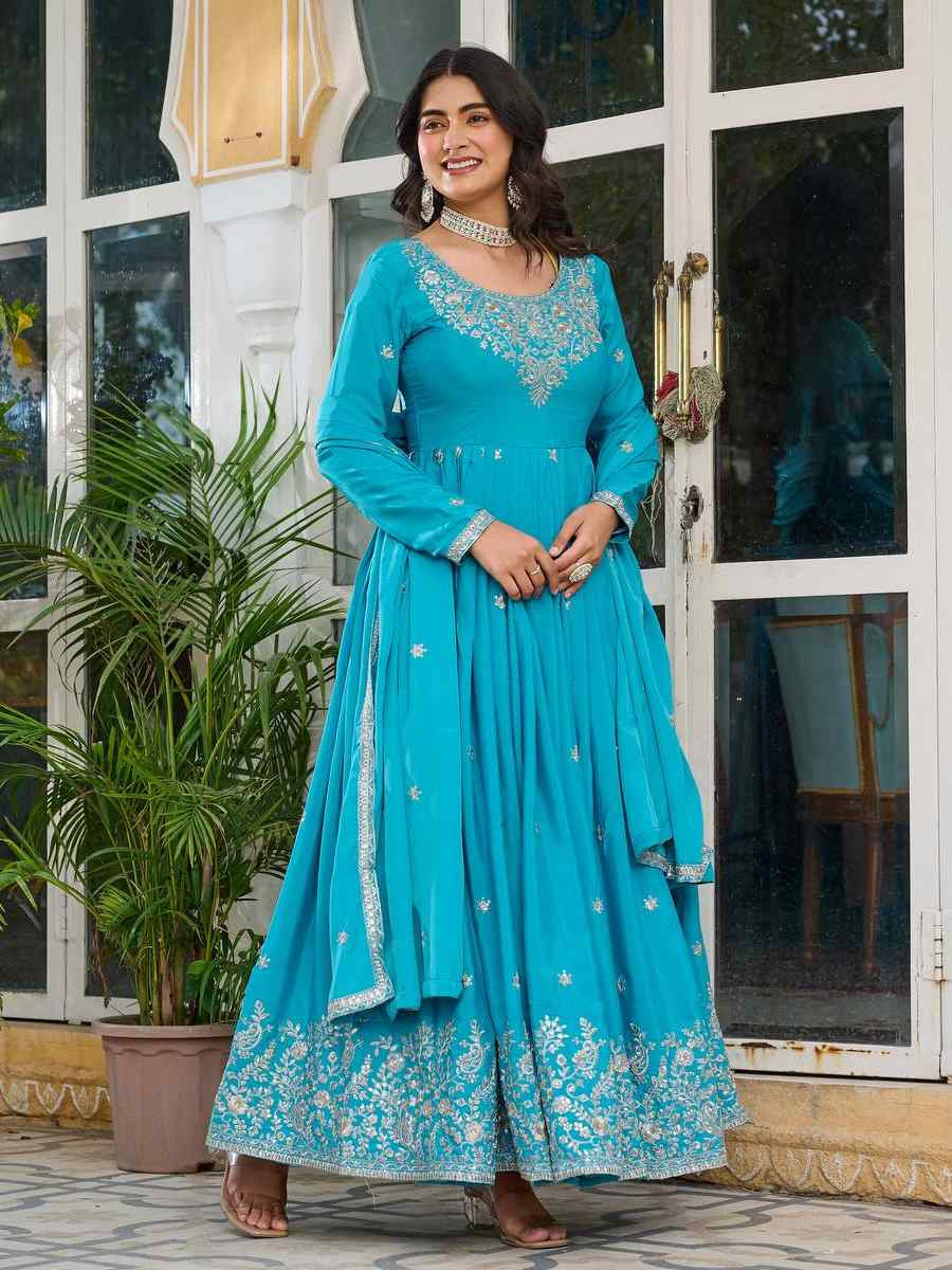 Blue American Silk Embroidered Festival Casual Ready Anarkali Salwar Kameez
