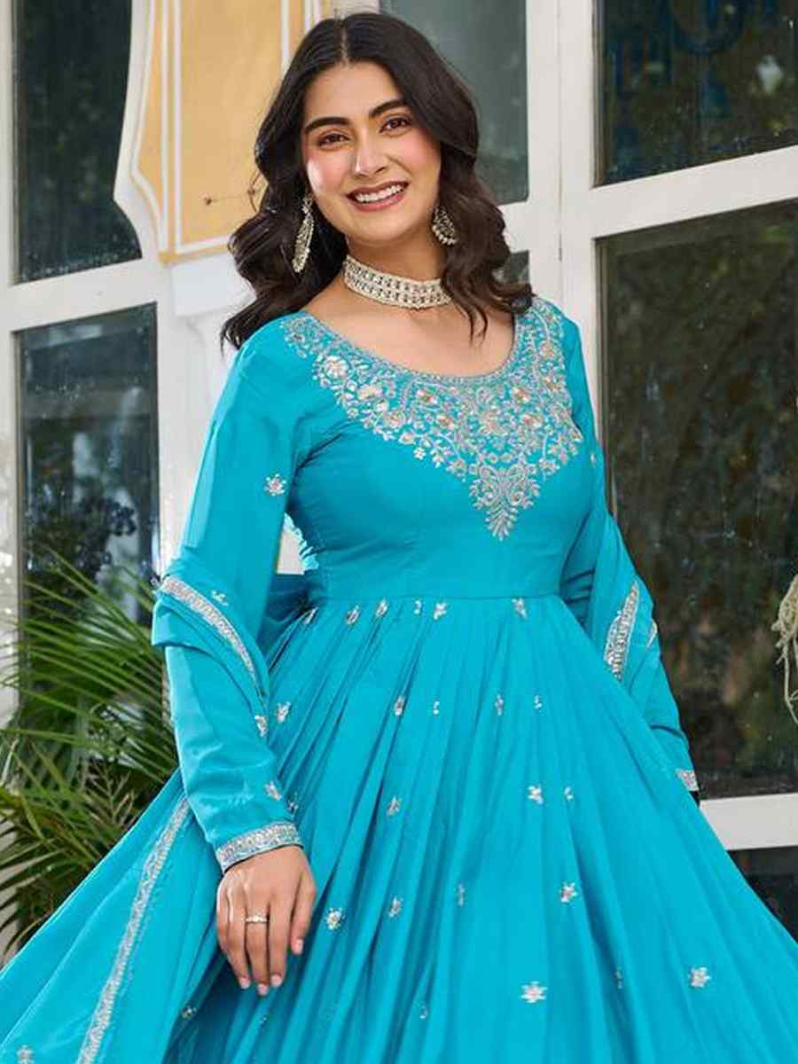 Blue American Silk Embroidered Festival Casual Ready Anarkali Salwar Kameez