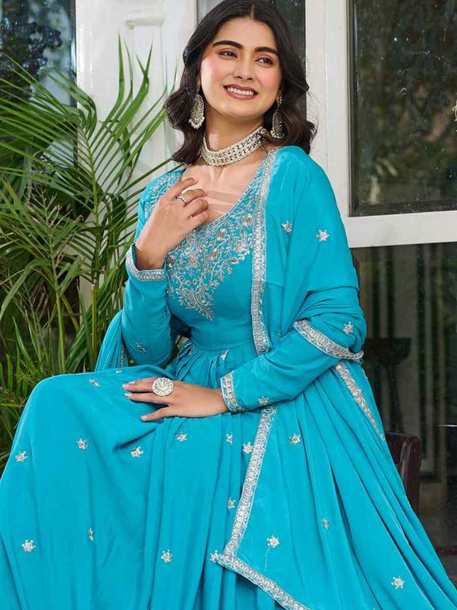 Blue American Silk Embroidered Festival Casual Ready Anarkali Salwar Kameez
