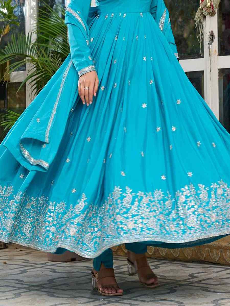 Blue American Silk Embroidered Festival Casual Ready Anarkali Salwar Kameez