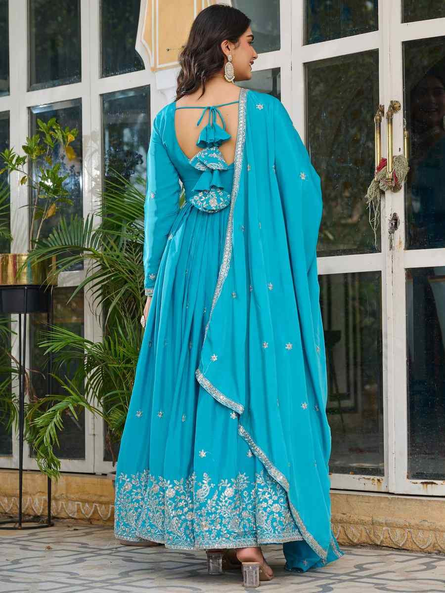 Blue American Silk Embroidered Festival Casual Ready Anarkali Salwar Kameez