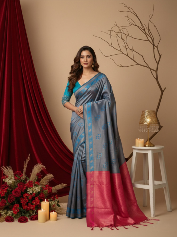 Image of Blue &amp; Pink Banarasi Silk Jacquard Wedding Reception Party Festival Casual Heavy Border Sarees