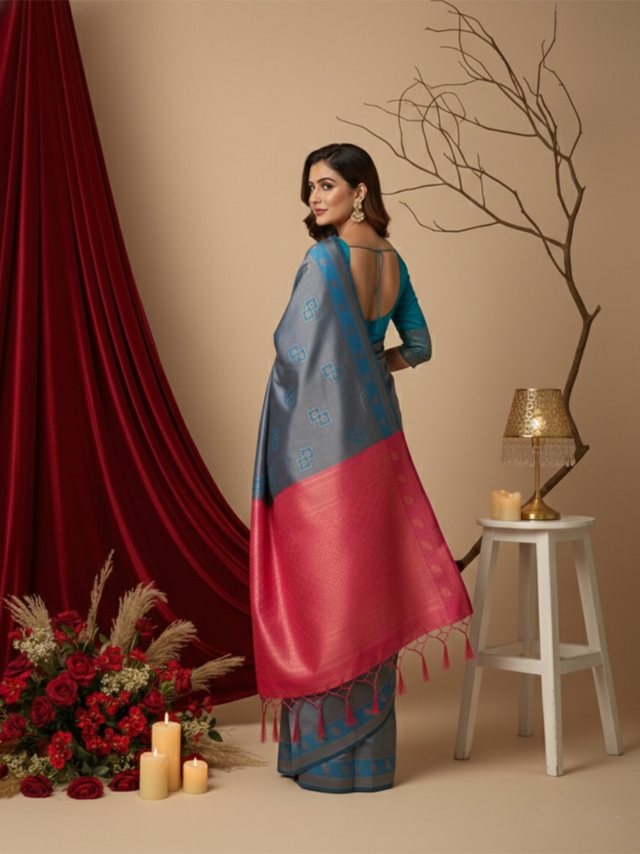 Blue  Pink Banarasi Silk Jacquard Wedding Reception Party Festival Casual Heavy Border Sarees
