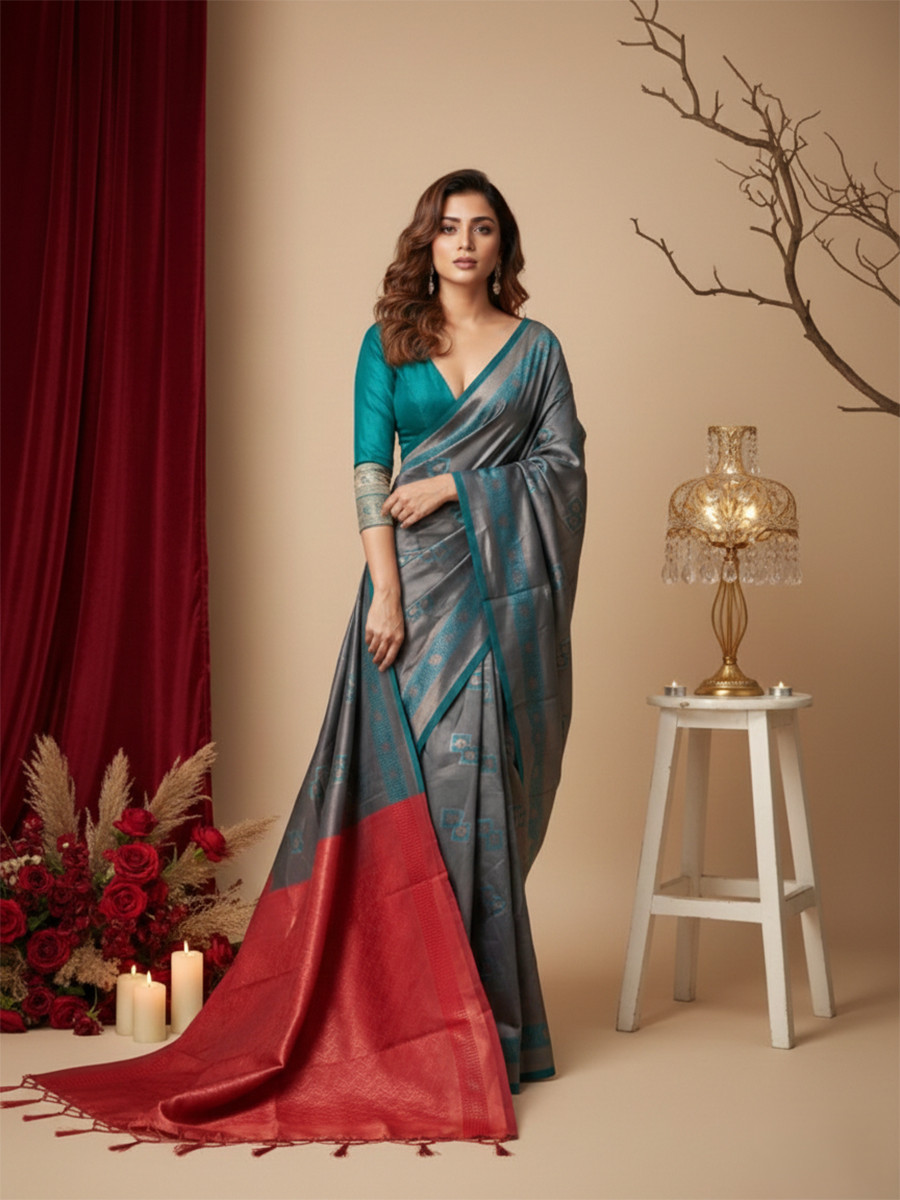 Blue  Red Banarasi Silk Jacquard Wedding Reception Party Festival Casual Heavy Border Sarees