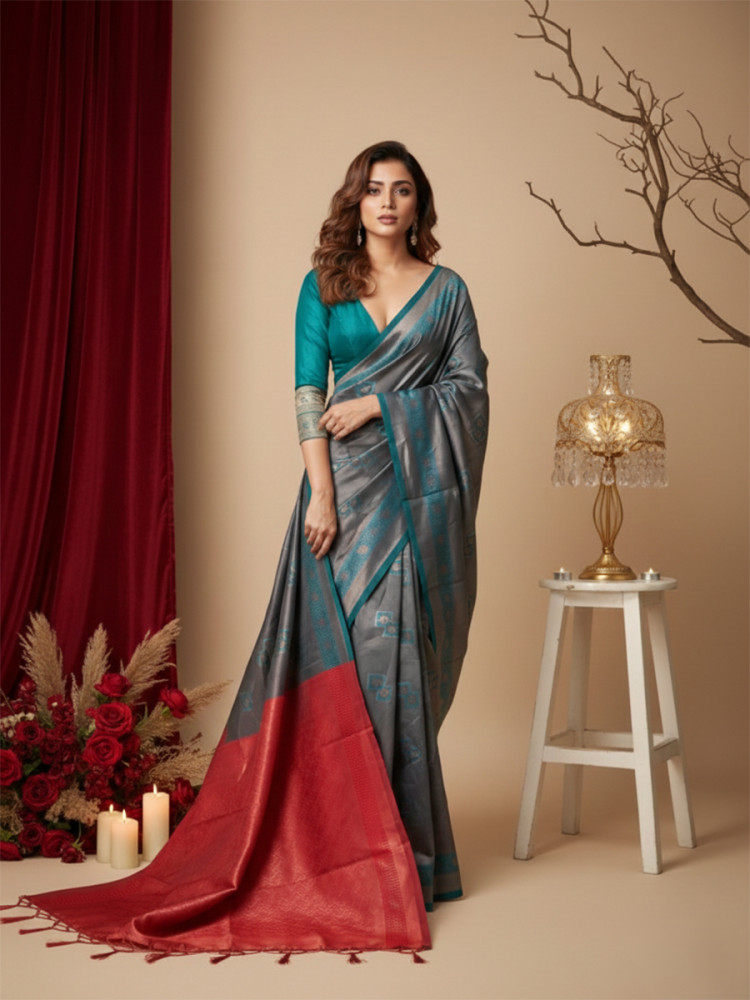 Image of Blue &amp; Red Banarasi Silk Jacquard Wedding Reception Party Festival Casual Heavy Border Sarees