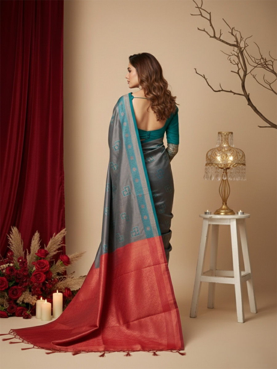 Blue Red Banarasi Silk Jacquard Wedding Reception Party Festival Casual Heavy Border Sarees