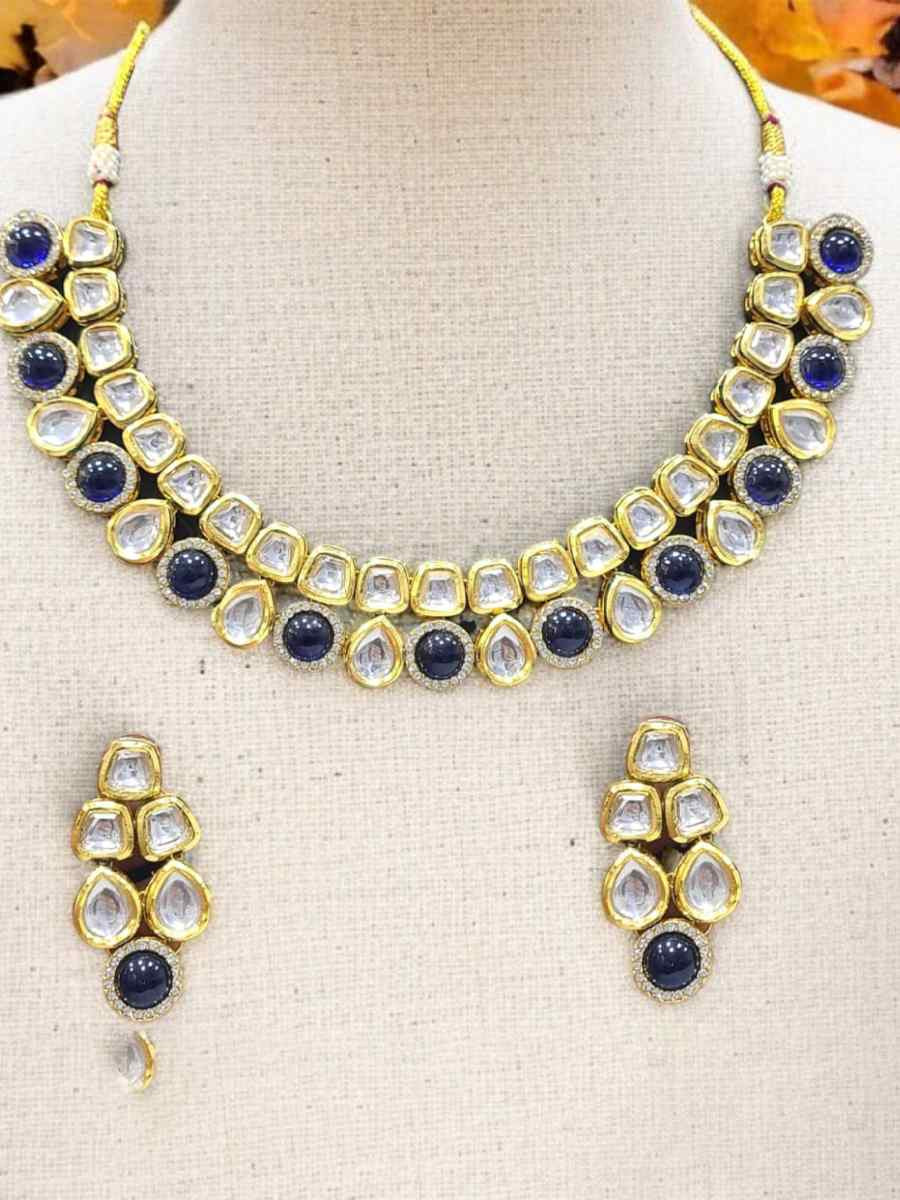 Blue And Gold Alloy Wedding Party Festival Wear Kundan Necklace