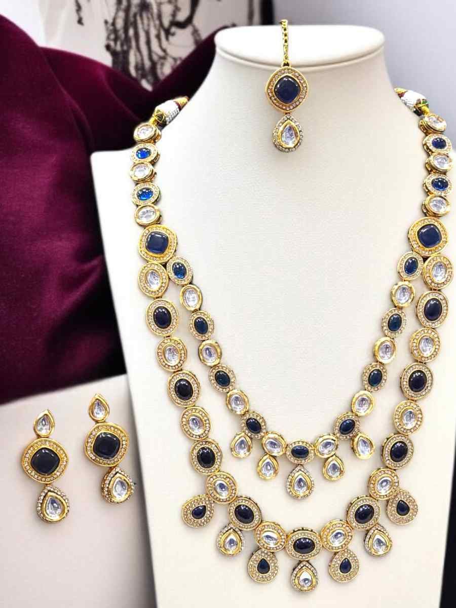Blue And Gold Alloy Wedding Party Festival Wear Kundan Necklace
