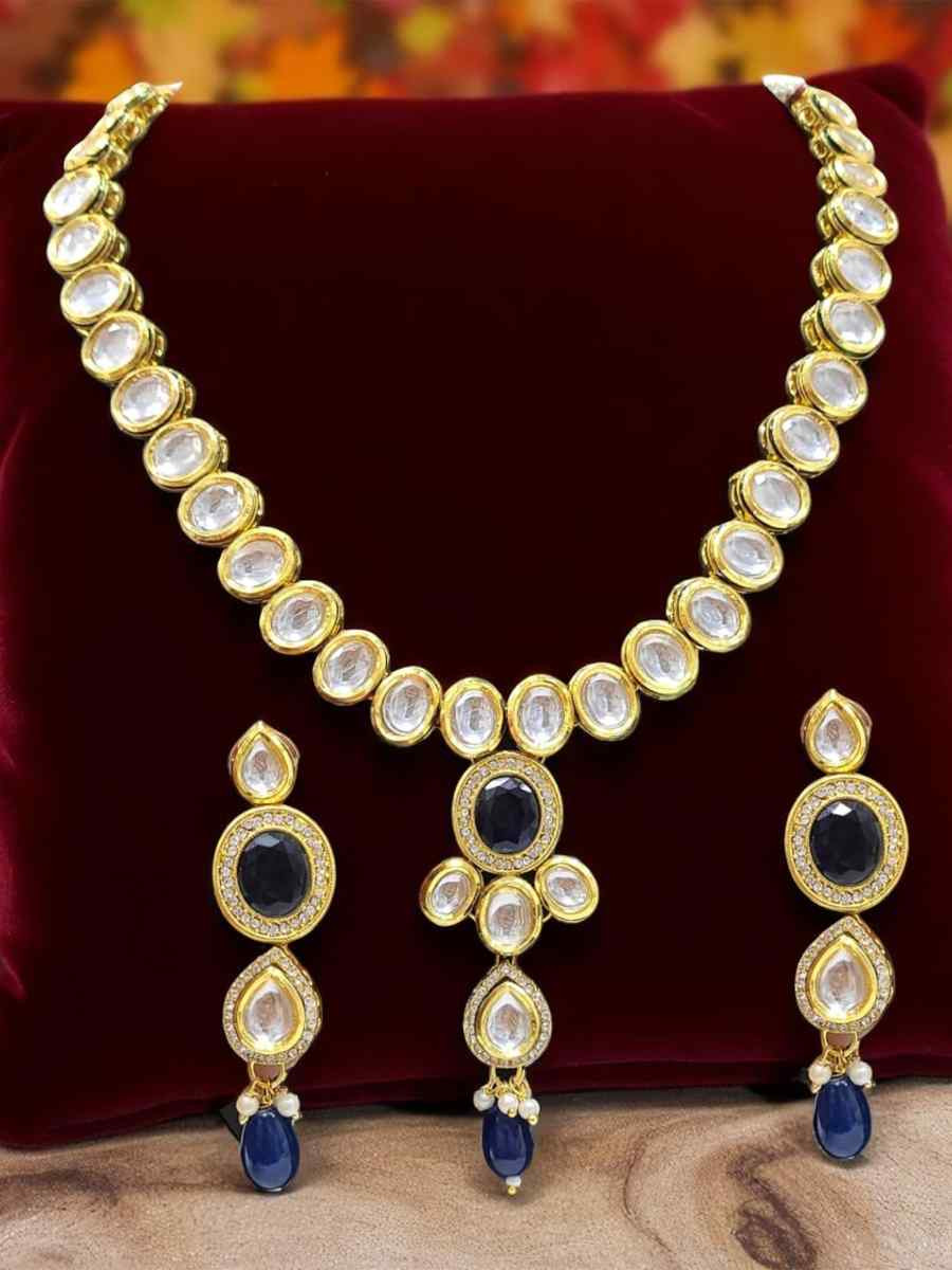 Blue And Gold Alloy Wedding Party Festival Wear Kundan Necklace