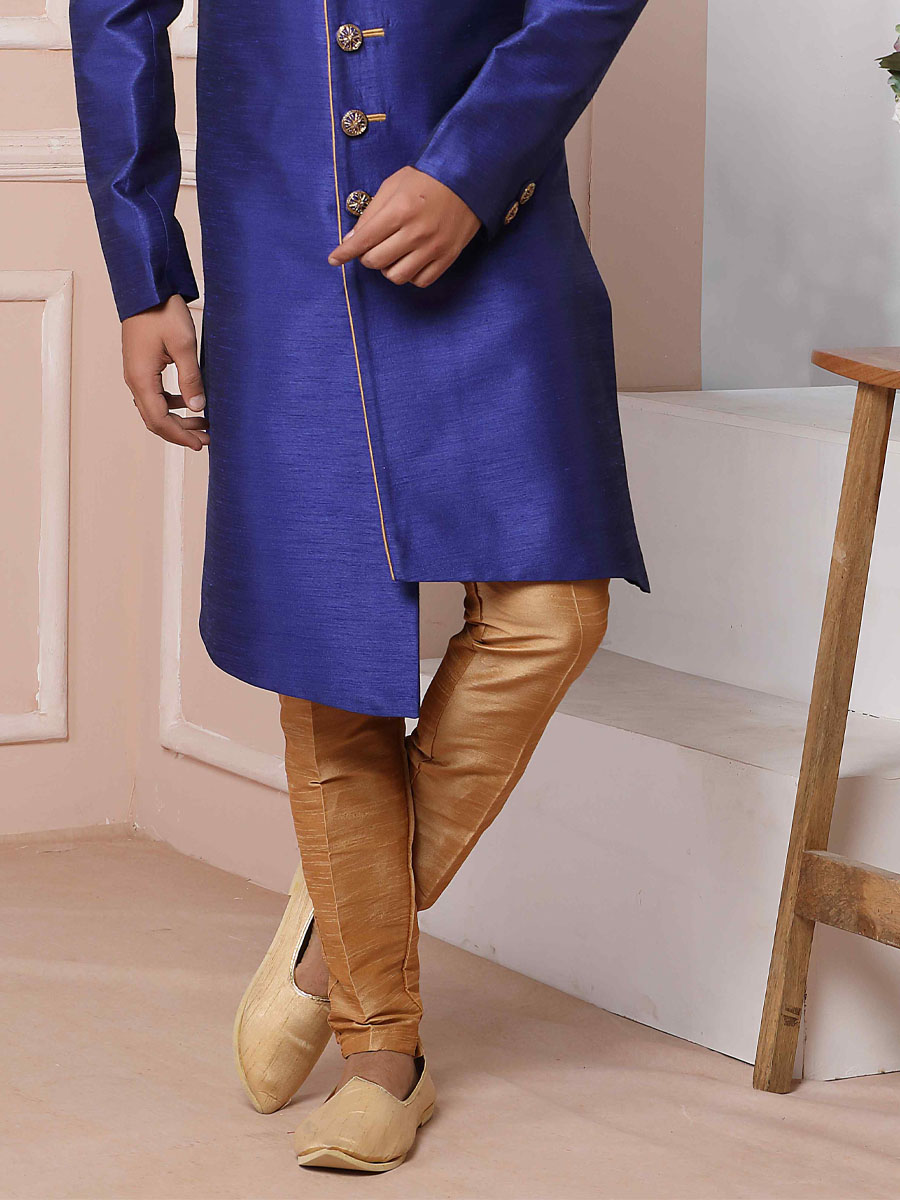 Blue Art Banarasi Silk Embroidered Festival Wedding Sherwani