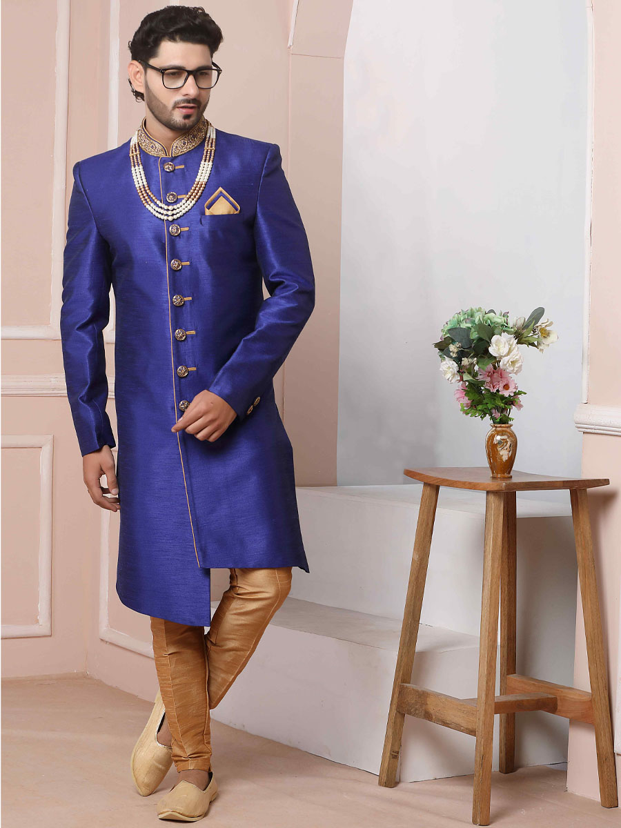 Blue Art Banarasi Silk Embroidered Festival Wedding Sherwani