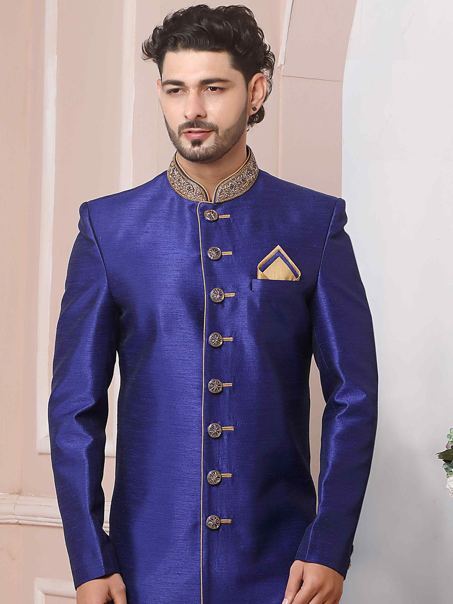 Blue Art Banarasi Silk Embroidered Festival Wedding Sherwani