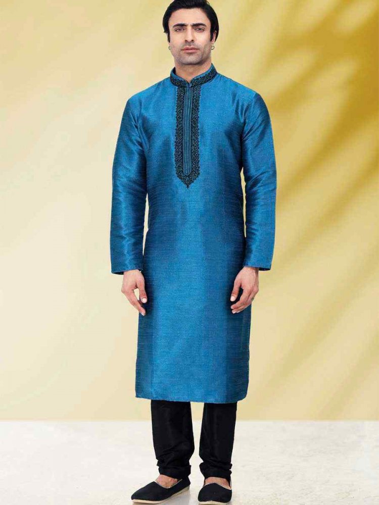Blue Art Banarasi Silk Woven Festival Mehendi Kurta