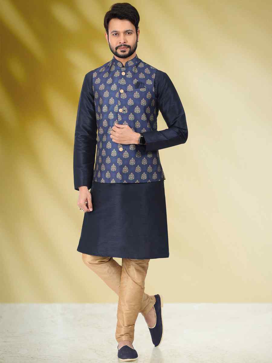 Blue Art Banarasi Silk Woven Festival Party Kurta