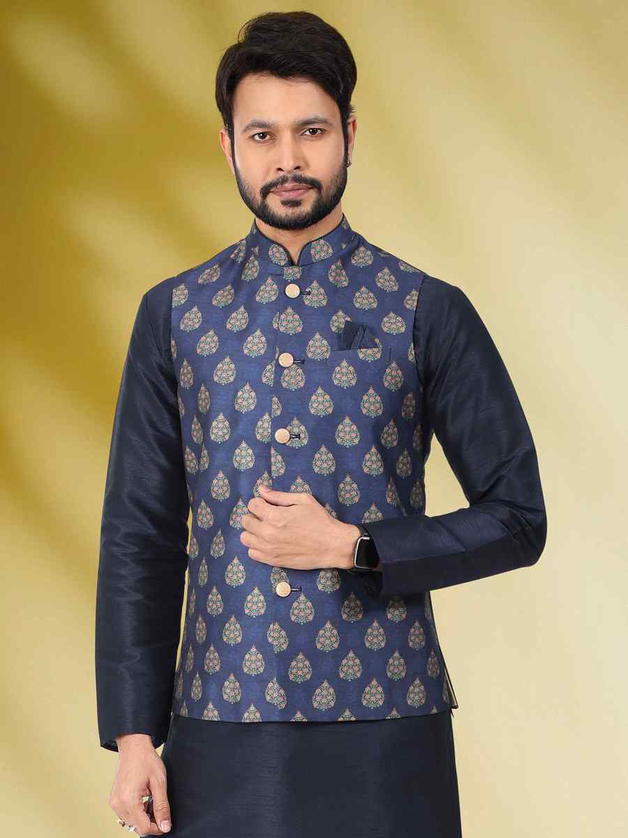 Blue Art Banarasi Silk Woven Festival Party Kurta