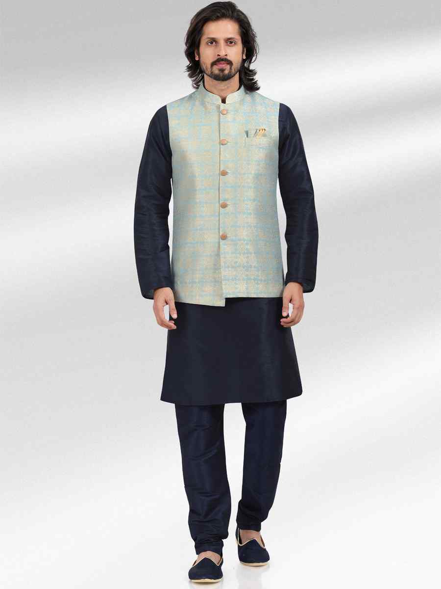 Blue Art Banarasi Silk Woven Festival Party Kurta