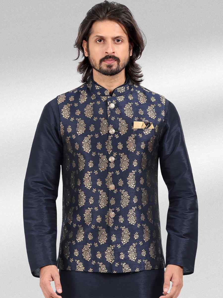 Blue Art Banarasi Silk Woven Festival Party Kurta