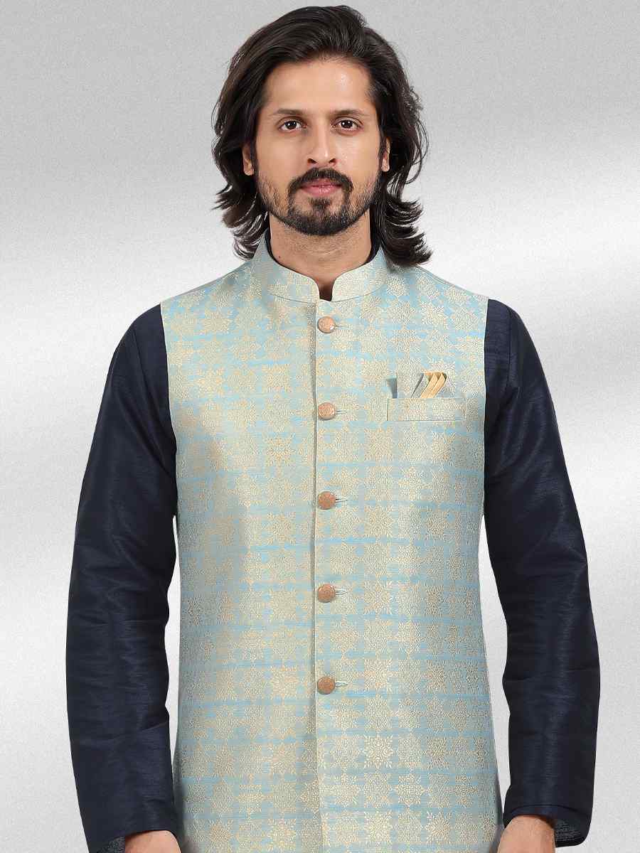 Blue Art Banarasi Silk Woven Festival Party Kurta