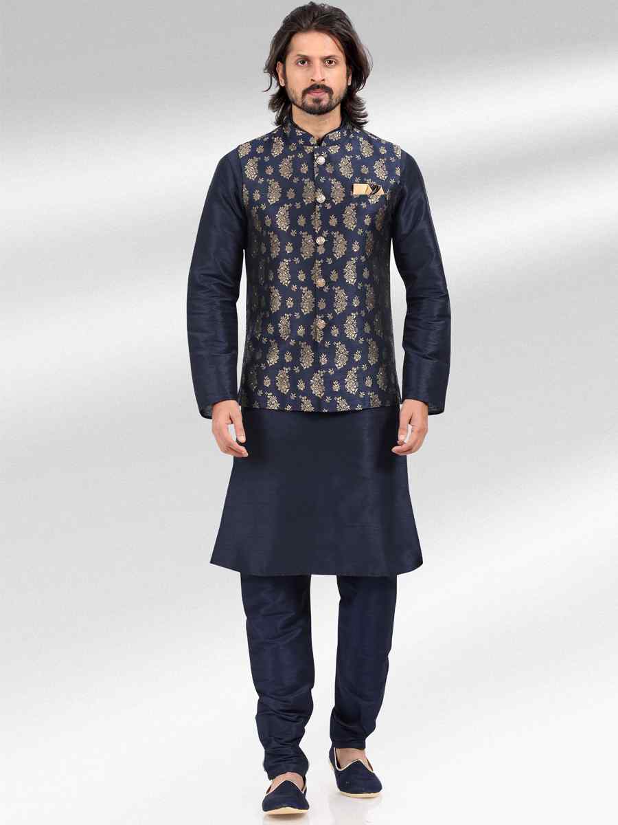 Blue Art Banarasi Silk Woven Festival Party Kurta