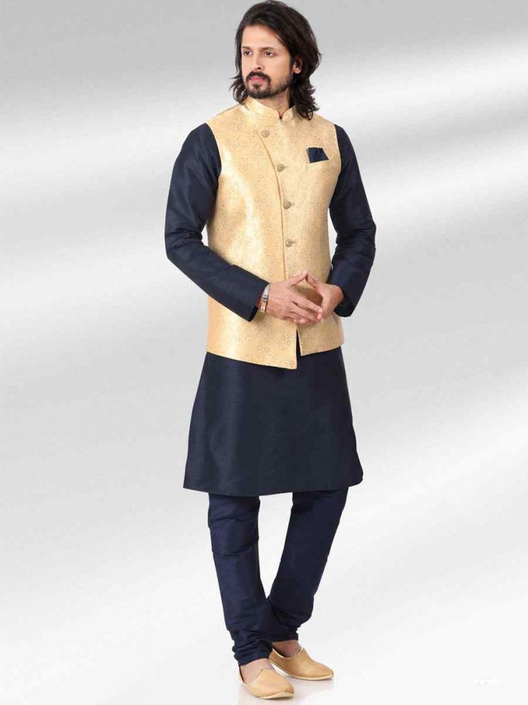 Blue Art Banarasi Silk Woven Festival Party Kurta