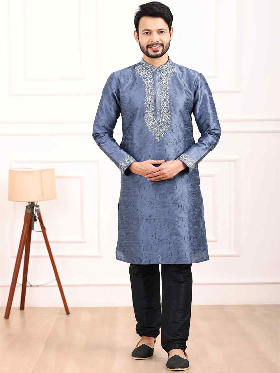 Blue Art Banarasi Silk Woven Festival Wedding Kurta