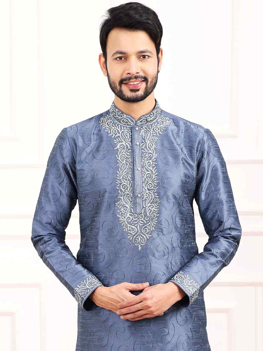 Blue Art Banarasi Silk Woven Festival Wedding Kurta