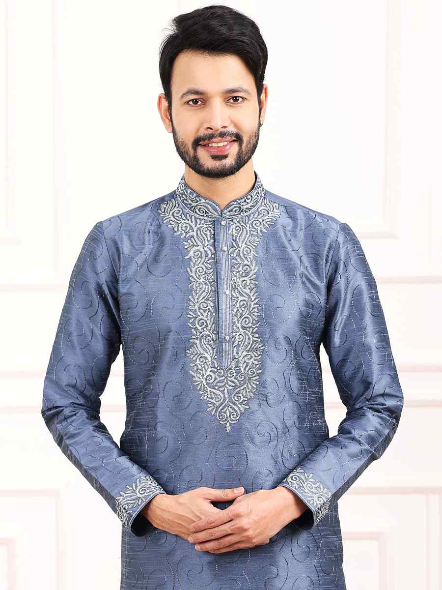 Blue Art Banarasi Silk Woven Festival Wedding Kurta