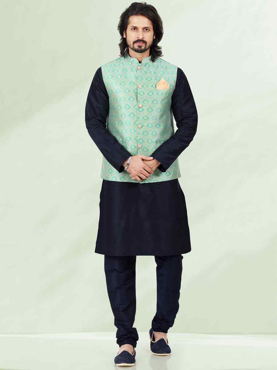 Blue Art Banarasi Silk Woven Festival Wedding Kurta