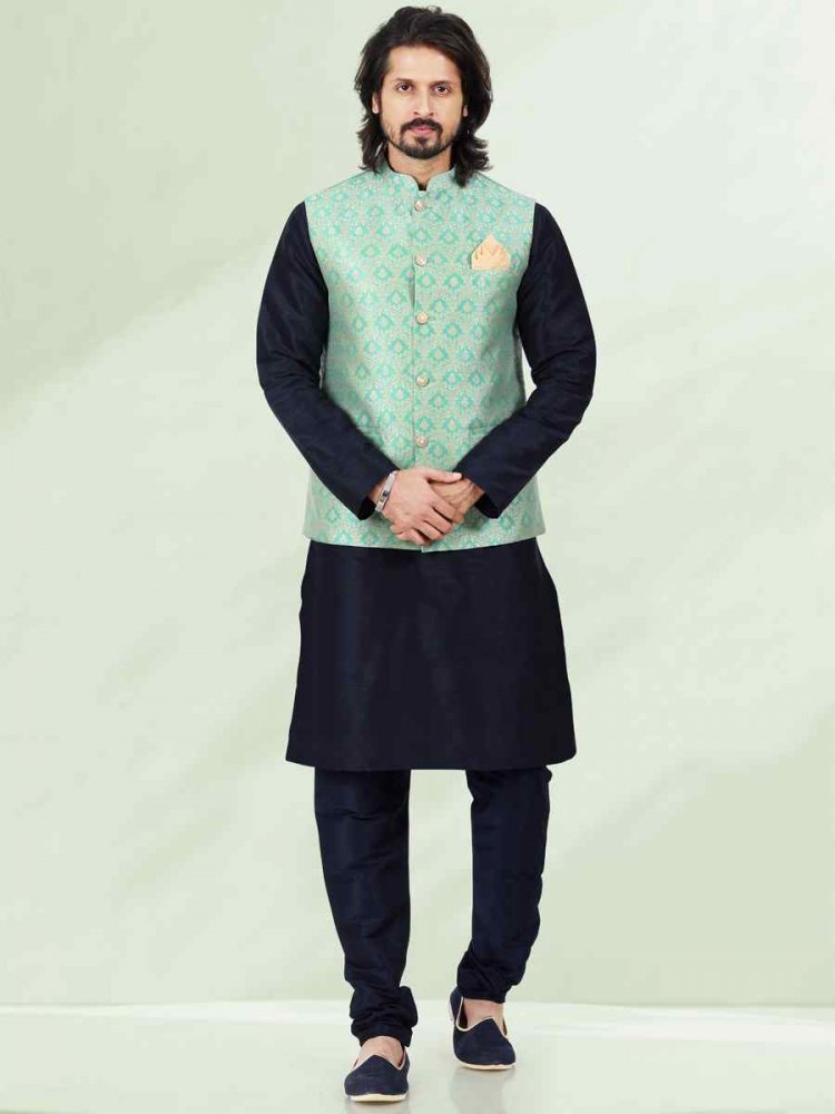 Blue Art Banarasi Silk Woven Festival Wedding Kurta
