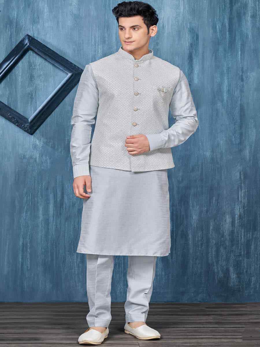 Blue Art Banarasi Silk Woven Festival Wedding Kurta