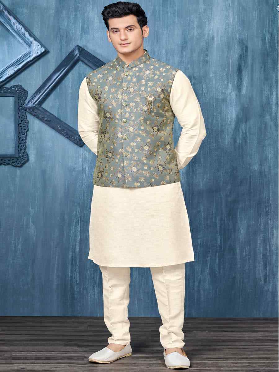 Blue Art Banarasi Silk Woven Festival Wedding Kurta