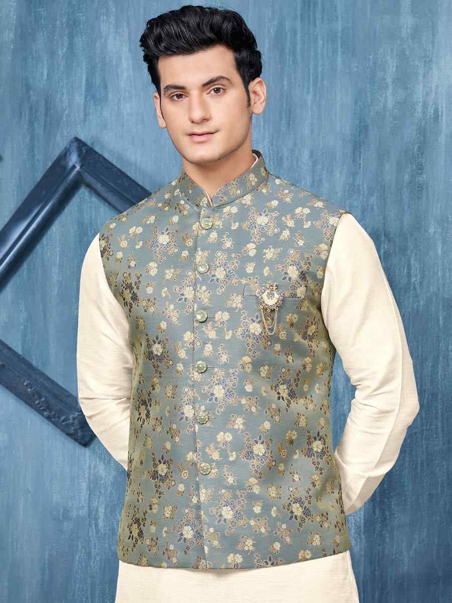 Blue Art Banarasi Silk Woven Festival Wedding Kurta