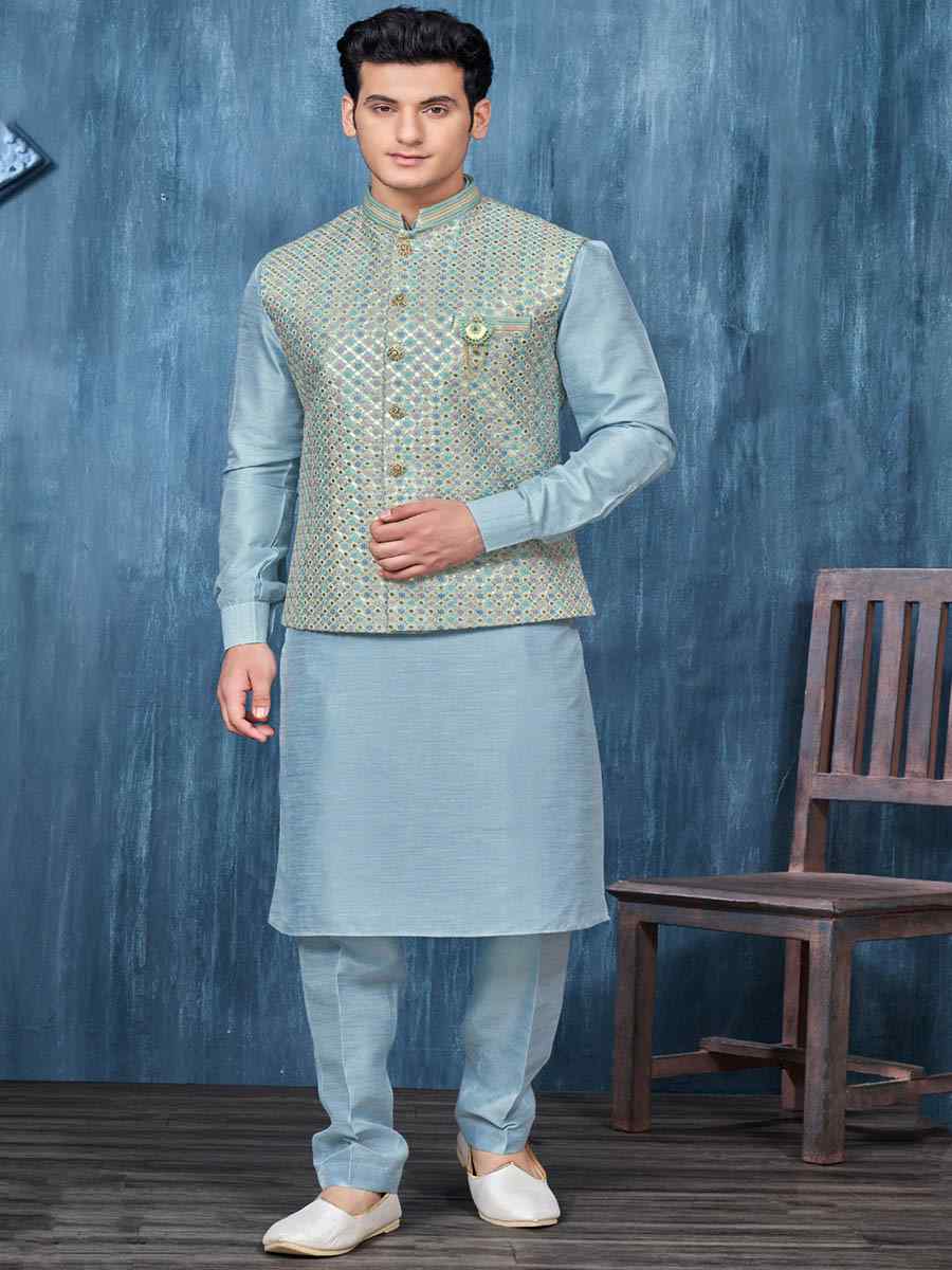 Blue Art Banarasi Silk Woven Festival Wedding Kurta