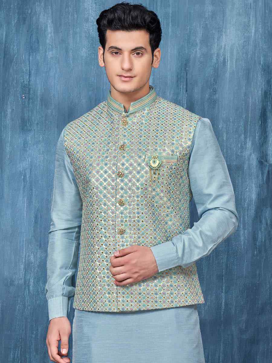 Blue Art Banarasi Silk Woven Festival Wedding Kurta