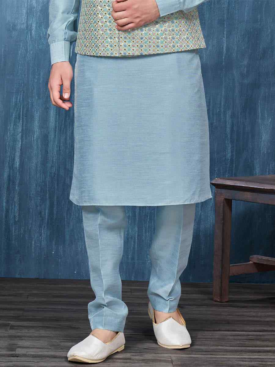 Blue Art Banarasi Silk Woven Festival Wedding Kurta