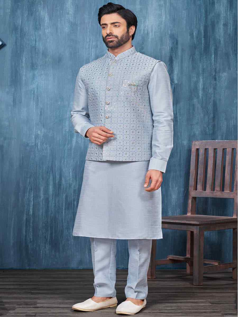 Blue Art Banarasi Silk Woven Festival Wedding Kurta